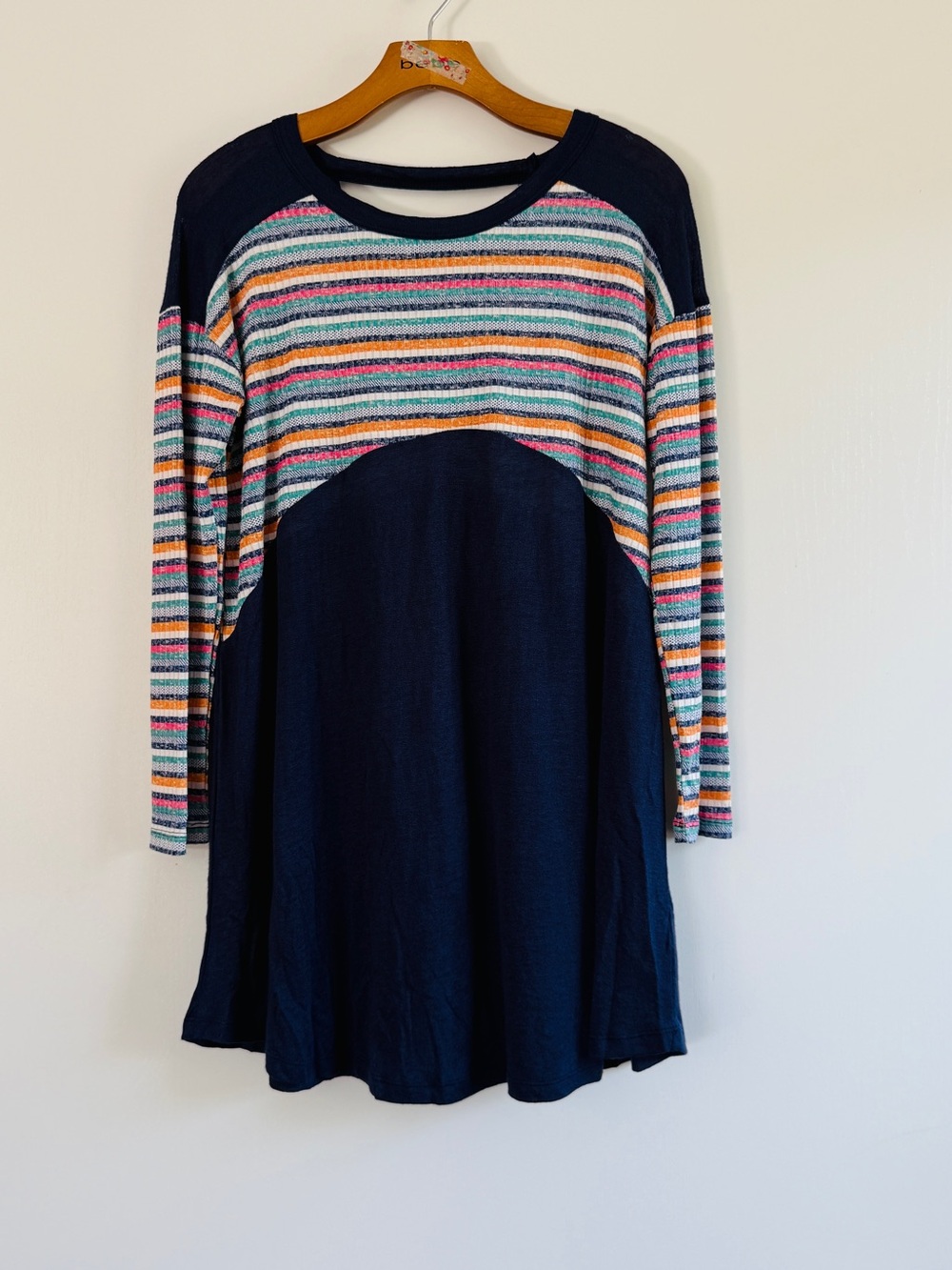 Umgee Navy Mini Dress with Multi-Color Striped Yoke